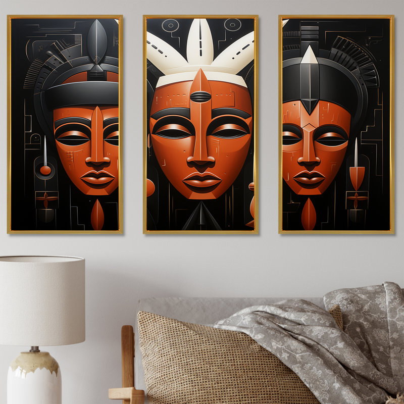 Masque africain noir et orange Kuba, Cadre flottant doré, H 40 po x l 60 po x P 1 po