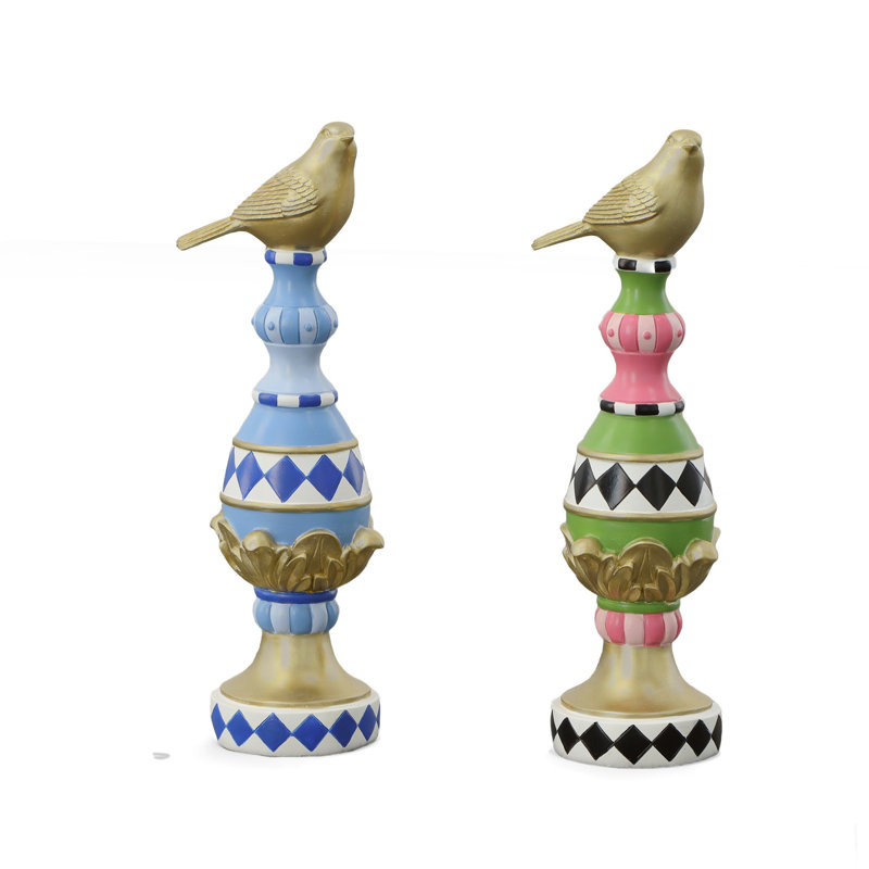 15.75in Spire Pillar With Bird Set Of 2 