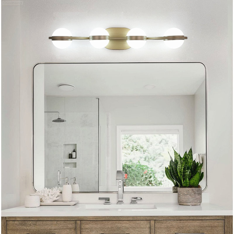 Luminaire de meuble-lavabo moderne à 4 lumières DEL avec abat-jour sable en cristal, H 4,7 po x l 28,9 po x P 6,7 po, Brass