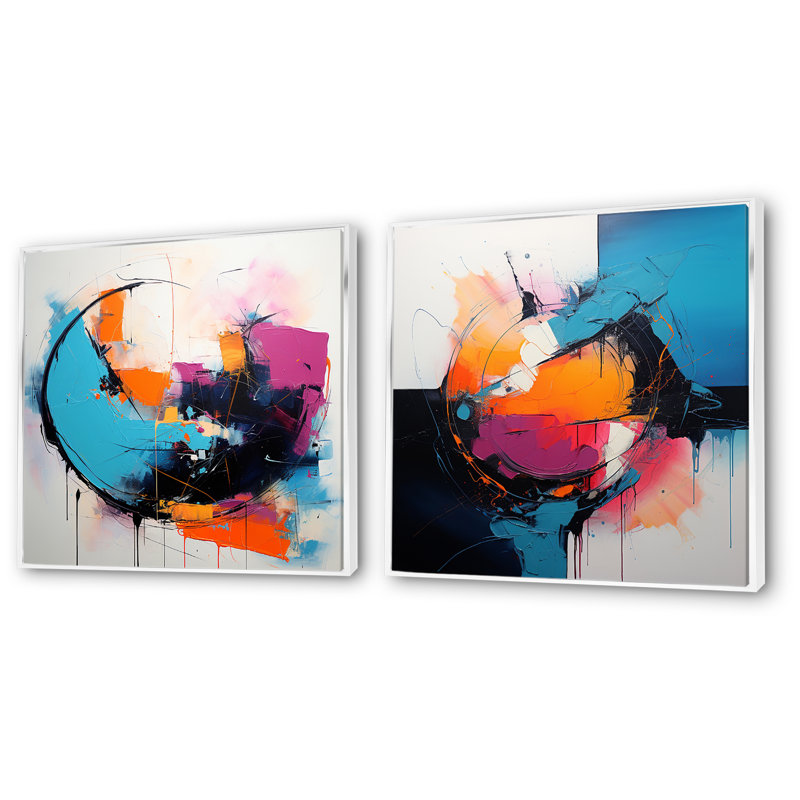 «Blue and Pink Paint Ink Expression IV», ensemble de 2 décorations murales abstraites fractales, Cadre blanc