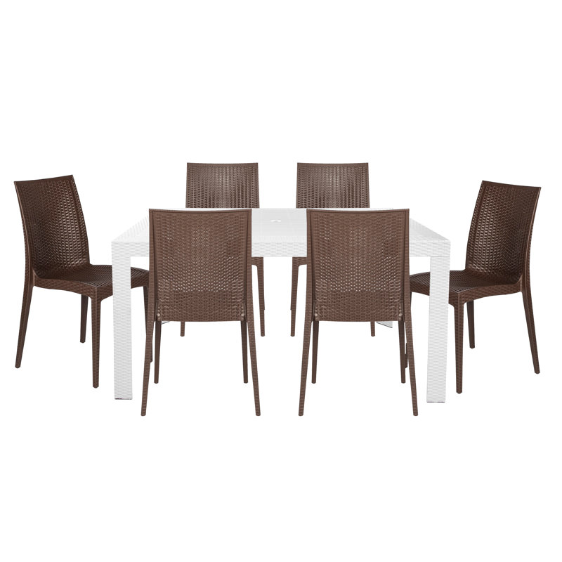 7-Piece Outdoor Dining Set Rectangular Dining Table with Umbrella Hole and 6 Dining Side Chairs, White, Brown