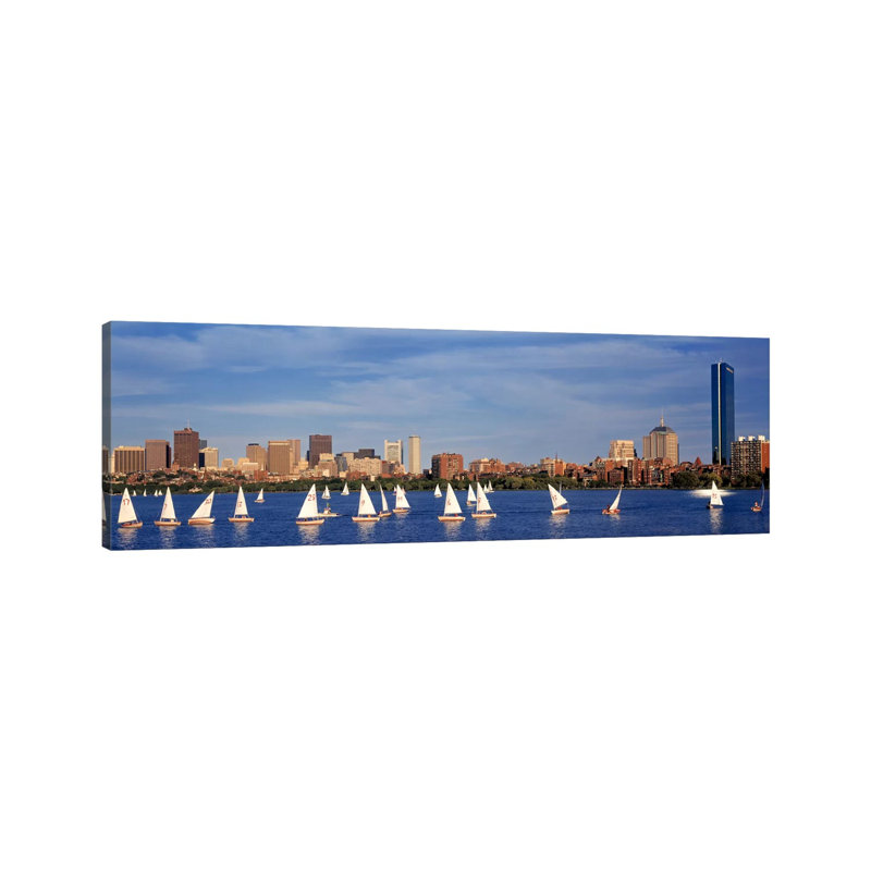 USA, Massachusetts, Boston, Charles River, View Of Boats On A River By A City - Wrapped Canvas Panoramic Print