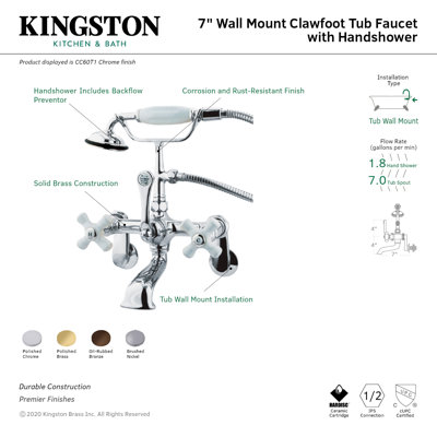 Kingston Brass Vintage Three-Handle 2-Hole Tub Wall Mount Clawfoot Tub Faucet with Hand Shower