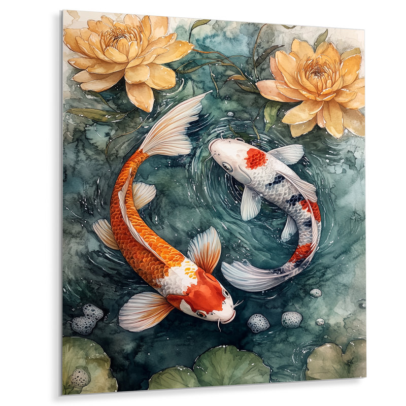 «Blue Koi Garden in Motion - Zen», art mural en métal, impression sur métal minimalisme, L 24 po x H 32 po