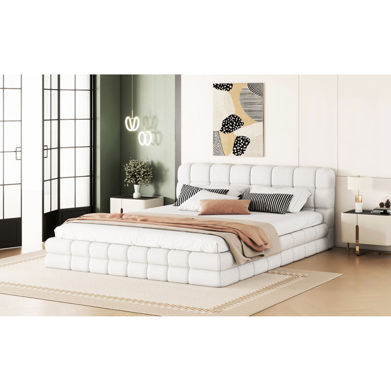 Grand lit plateforme tapissier - Blanc, conception élégante avec matériaux, sans sommier, l 66 po x L 87,8 po, lit blanc d'une capacité de 500 lb, fabrication en bois de pin massif, tête de lit confortable, ressort