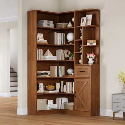 74" Tall L-Shaped Corner Bookshelf, 6-Tier Corner Bookcase with Storage Cabinet and Drawer, Freestanding Corner Shelf for Living Room, Bedroom, Home Office