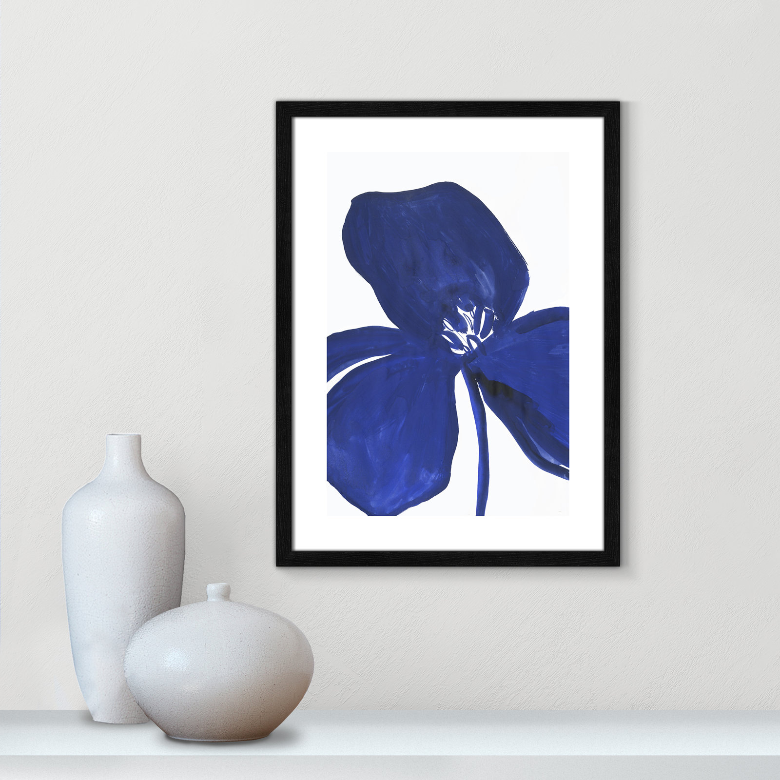 Clarisse "Indigo Petal II" Painting, 23" H x 17" W x 0.75" D, Black Framed Paper