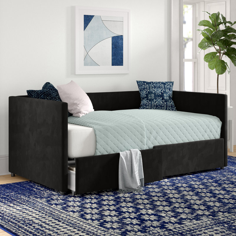 Dmitry Upholstered Daybed with Drawers, Black Velvet, Twin