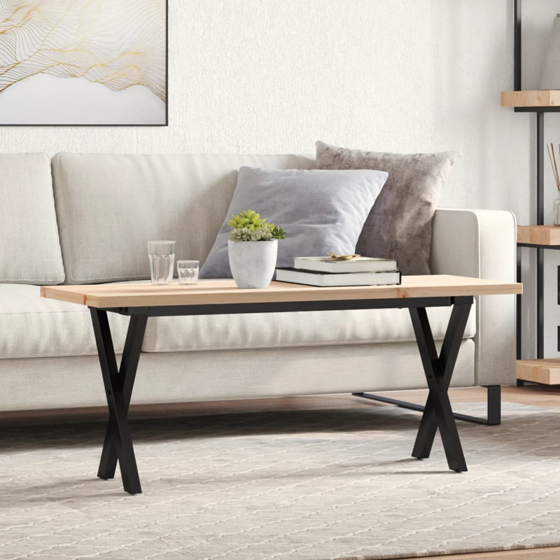 vidaXL Coffee Table X-Frame Solid Wood Pine and Steel, 45.5cm H x 110cm L x 40cm W