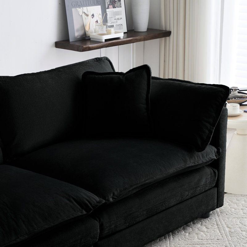 Chenille noire 2 places et chaise. Meubles en bois massif. Revêtement. Rembourrage confortable en éponge. Arrangements de sièges personnalisables. Assemblage facile