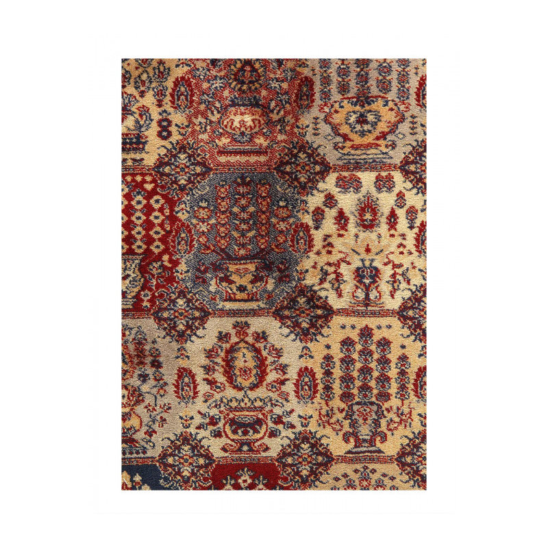 Tapis unique en laine 4 pi 1 po x 5 pi 7 po rouge, beige et bleu marine Delmer