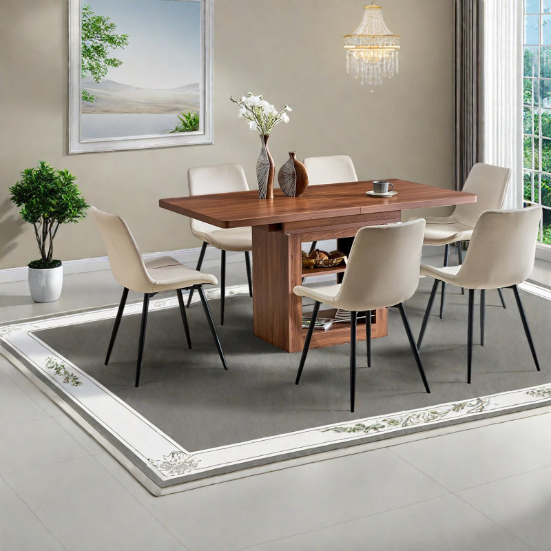 Ensemble de table de salle à manger extensible en noyer, en bois aggloméré et en cuir synthétique, idéal pour les maisons modernes