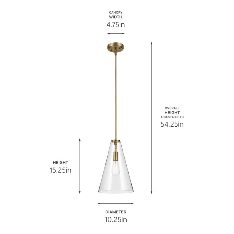 15.25" 1-Light Cone Pendant with Clear Seeded Glass, Natural Brass