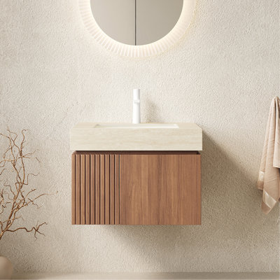 Meuble-lavabo 24 po, meuble-lavabo flottant en contreplaqué avec 2 portes, comptoir en pierre frittée Roma Travertine et lavabo en céramique avec 1 trou de robinet pré-percé, pré-assemblé