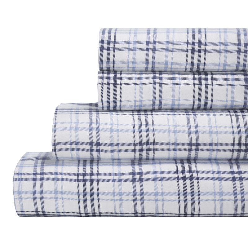 Twin Blue Plaid Cotton Flannel Deep Pocket Sheet Set