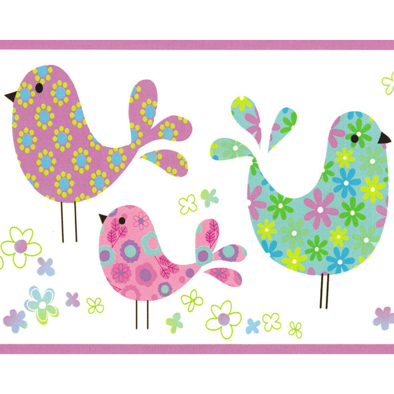 Bordure de papier peint pré-moulé - enfants, rose, vert, jaune, oiseaux bleus, fleurs, bordure rétro, 15 pi X 5,8 po