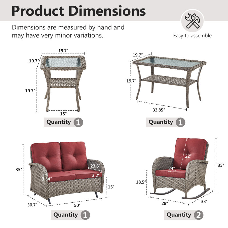 Cet ensemble de conversation d'extérieur fabriqué à la main 5 pièces confère à votre porche ou à votre patio un charme intemporel et une élégance naturelle. L'ensemble comprend une causeuse coulissante, 2 fauteuils à bascule classiques, une table d'appoint et une table basse, en osier de polyéthylène tissé à la main jumelé à une courbure