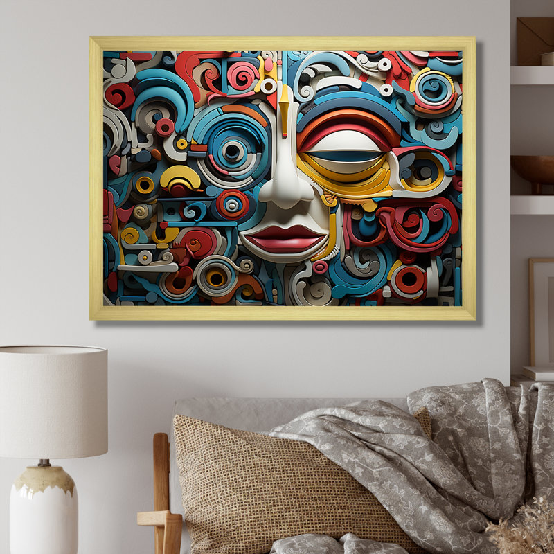 Masque géométrique d'art mexicain, reproduction sur toile, Cadre doré simple, H 24 po x l 32 po x P 1 po