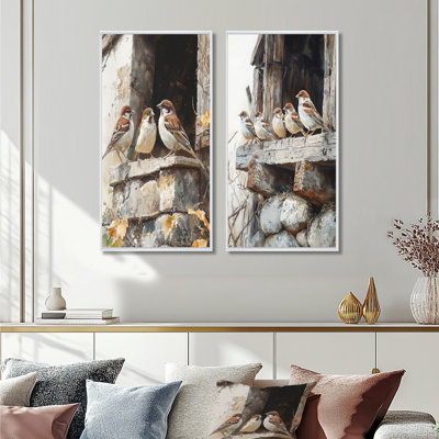 Sparrows Birds In The Farmyard III - animaux, art mural 2 panneaux