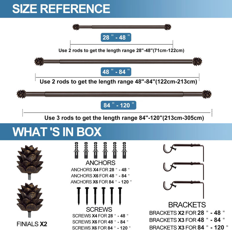 Tringle à rideaux simple ajustable 0,75 po Waco Pinecone, Bronze, 48 po à 84 po