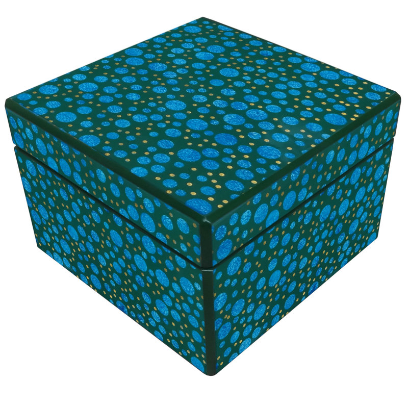 Handmade Reverse Painted Mirror Square Box in Silver Dots - Medium, Blue/Green