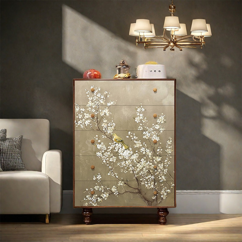 Armoire de rangement à cinq tiroirs en pin, Noyer