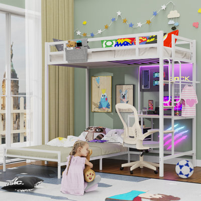  Lit superposé simple au-dessus d'un lit simple avec bureau et station de charge, lit superposé en métal en L avec lumières DEL et 2 tiroirs de rangement, lits mezzanine avec barrière de sécurité et échelles, aucun sommier nécessaire, blanc