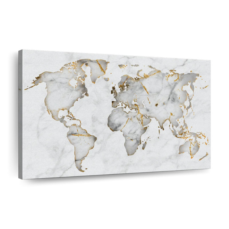 Carte du monde en marbre blanc sur toile, H 8 po x l 12 po x P 1 po