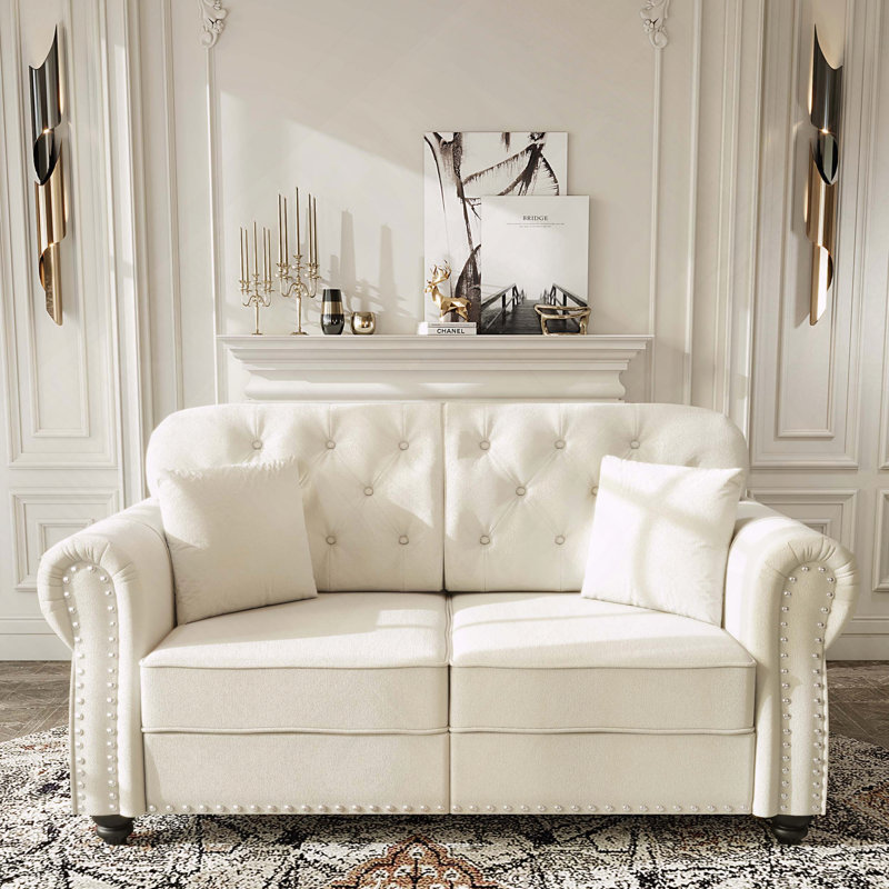 Velours Chesterfield canapé garniture cloutée capitonnée, Beige / Blanc