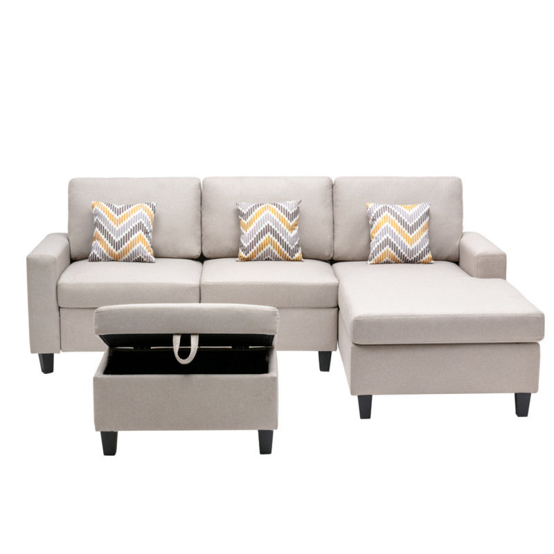 Canapé moderne réversible 4 pièces 95,5 po en tissu de lin avec pieds interchangeables, repose-pieds et coussins