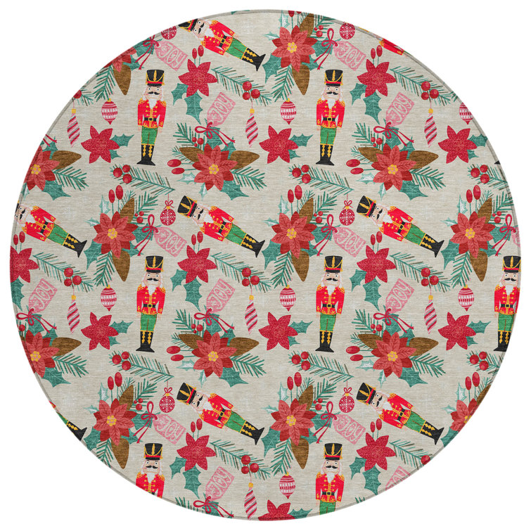 Machine Washable Indoor/Outdoor Christmas Nutcracker Xhevrie Beige Rug