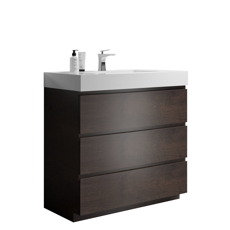 Meuble-lavabo de salle de bain 36 po - Noyer, lavabo blanc, rangement maximisé, glissières, finition élégante, poignée - Combinaisons de conceptions de, idée moderne