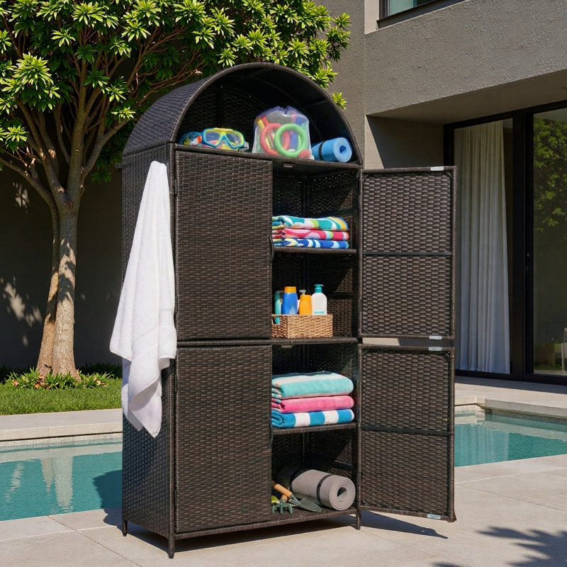 Grande armoire de rangement extérieure en osier avec tablettes réglables, tablette supérieure ouverte et pieds de support réglables en hauteur