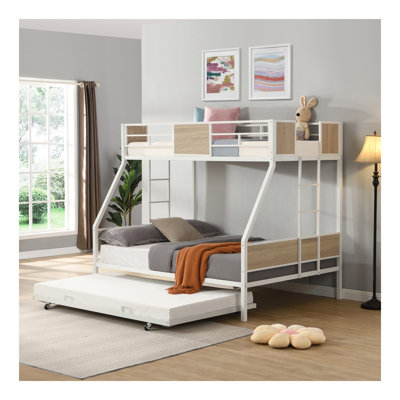 Lit simple superposé en métal avec lit gigogne 2 - échelle latérale et garde-corps sur toute la longueur, sans sommier, grand rangement sous le lit, assemblage facile