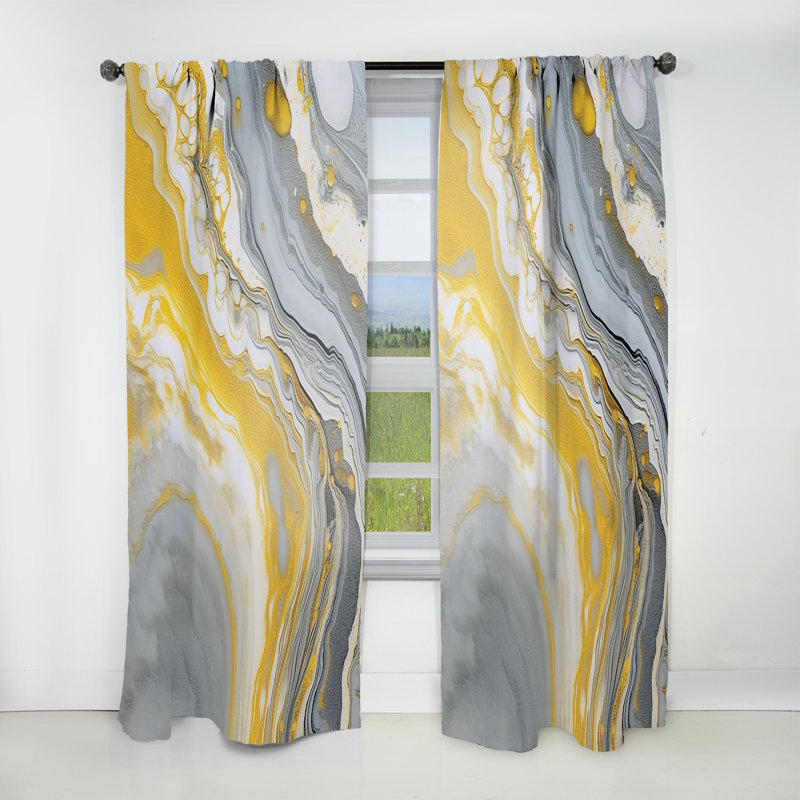 Rideau en velours abstrait gris et jaune Symphony, L 52 po x L 84 po