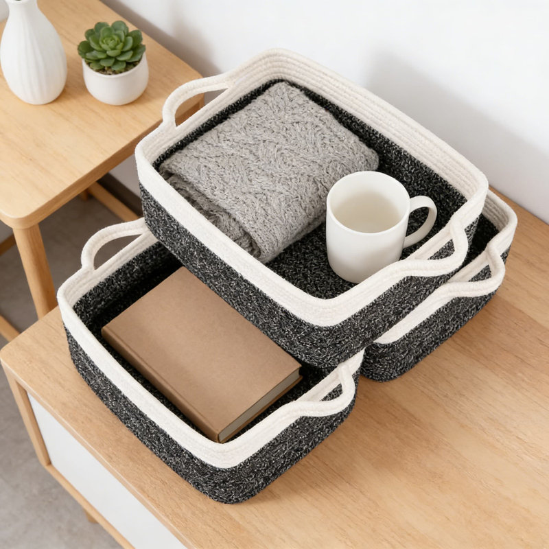Ensemble de 3 paniers de rangement en corde de coton tissé avec poignées, bacs de rangement rectangulaires pliables pour tablettes, placard et rangement de jouets