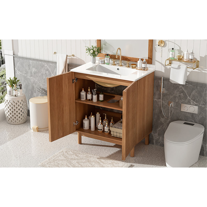 Meuble-lavabo traditionnel avec lavabo en céramique, pieds en bois massif, tablette ajustable en U en panneau de fibres à densité moyenne, portes à fermeture en douceur et rangement compact