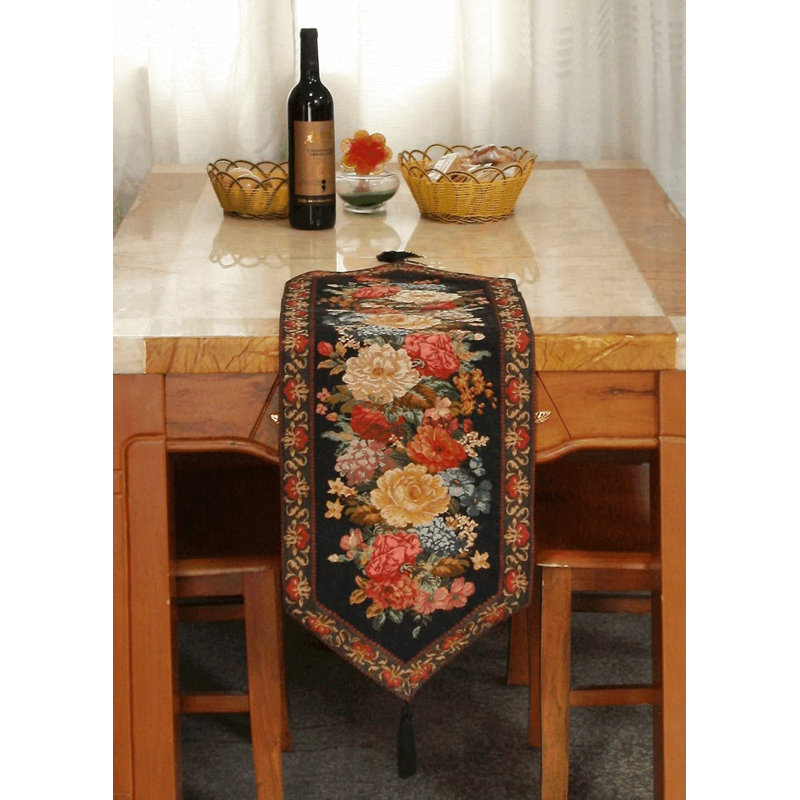 Tache Colorful Country Rustic Floral Morning Awakening Table Runner, Black, 120" L x 13" W