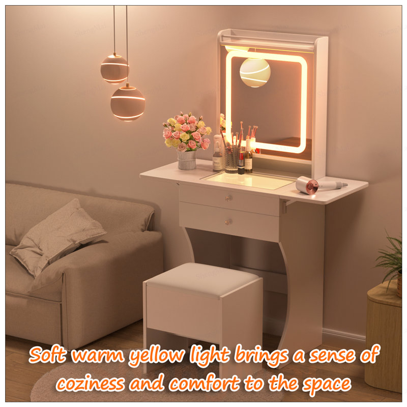 Ensemble de meuble-lavabo compact avec tables d'appoint pliables et miroir à DEL pour les petites chambres, idéal pour les stations de maquillage compactes et élégantes