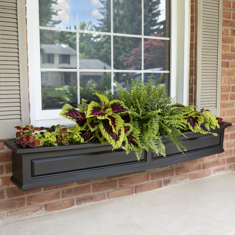Mayne Nantucket 6ft Self-Watering Window Box with Steel Wall Mount Brackets, Black, 10.2" H x 72" W x  11.7" D
