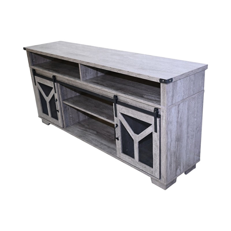 Meuble télé 65,3 po avec porte de grange, bandes à DEL et décor en Y, ton de bois gris, installation de 60 à 69 po avec finition coulissante, espace