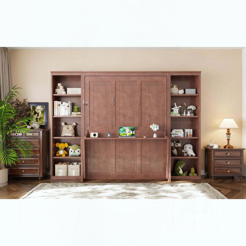 Grand lit escamotable avec bureau et tablettes, Marron foncé