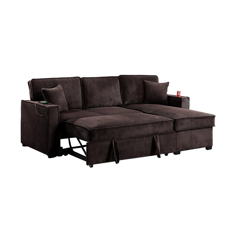 Canapé d'angle convertible contemporain pour salon avec porte-gobelet, méridienne de rangement et coussins assortis, fini chocolat. Style moderne et réversible, espace principal dissimulé.
