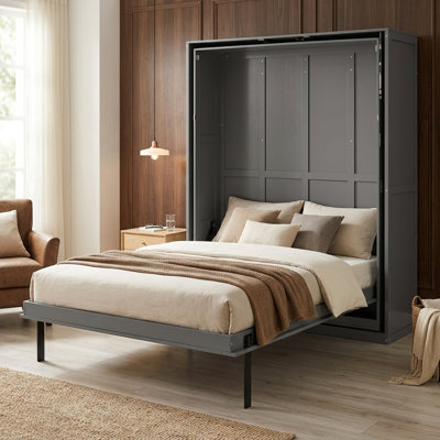 Rotating Queen Murphy Bed with Hidden Storage Racks, Space-Saving Multifunctional Wall Bed for Home Office & Small Rooms