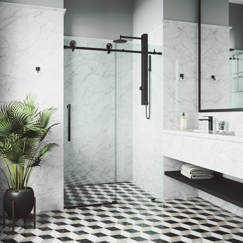 Cass 48-52" W x 76" H Sliding Frameless Shower Door with 3/8" Clear Glass, Black