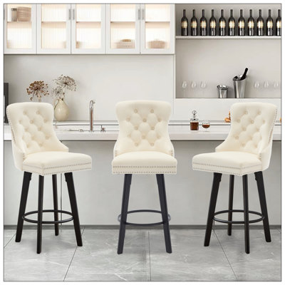 Tabourets de bar rotatifs modernes Tabourets de bar en velours Tabourets de bar touffetés à boutons Rivet pour îlot de cuisine, bistro, avec anneau de traction en métal Repose-pieds robuste Grand bar pour la maison 3