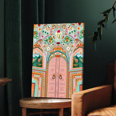 1PC Wall Arts Posters Framed, Vibrant Moroccan-Inspired Canvas Wall Art with Ornate Archway and Peacock Motifs Boho Chic Decor for Living Room Bedroom Home Office Modern Abstract Painting Print