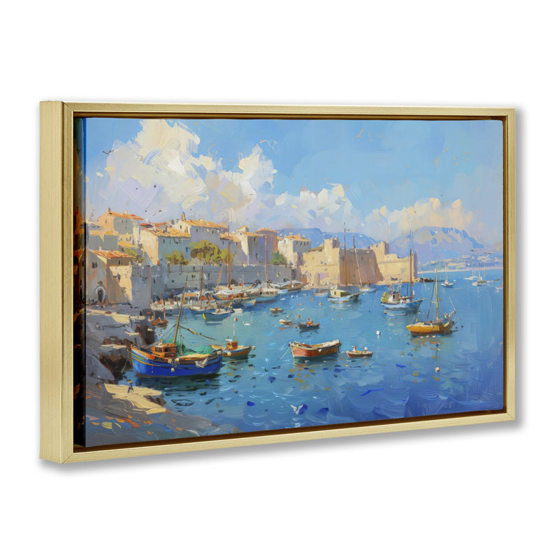 Nautical Harbor Coastal Town Floating Frame, design by LSR Design Studio, 21" H x 31" W, Metallic Gold Floater Frame