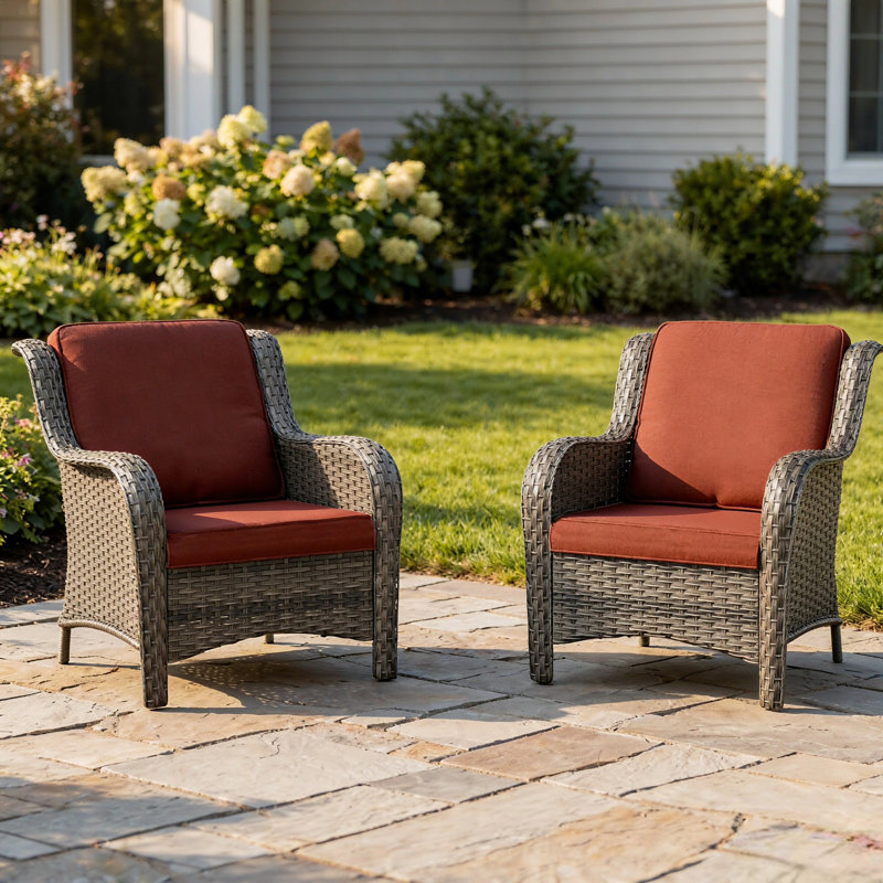 Ensemble 2 pièces de conversation pour fauteuil avec coussins et siège en rotin pour jardin, Rouge, Gris