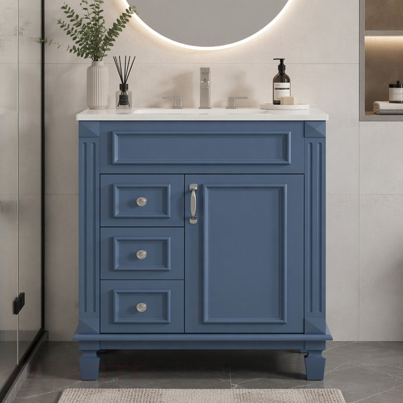 Meuble-lavabo de salle de bain avec lavabo en céramique, petite armoire de salle de bain, armoire moderne avec 2 tiroirs et tablette réglable